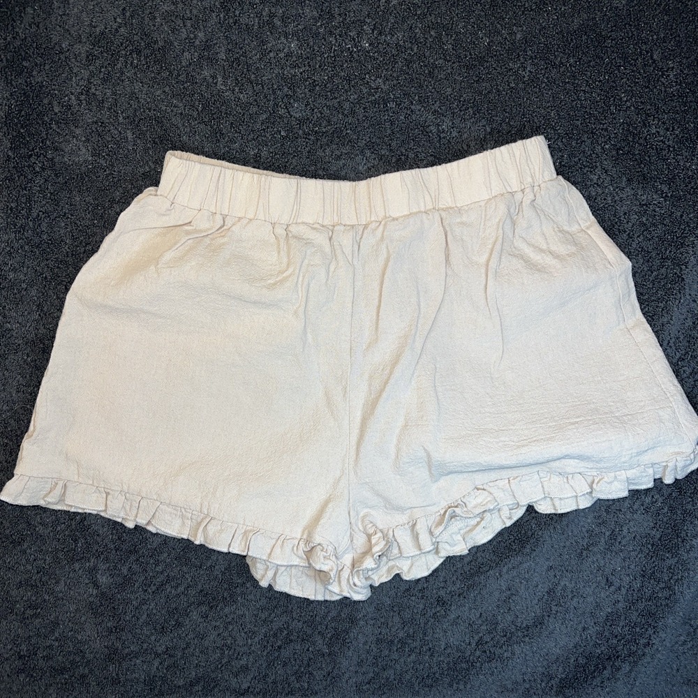 Linen Blend Flowy Shorts Elastic Waist Band Ruffl Detail Small Beige